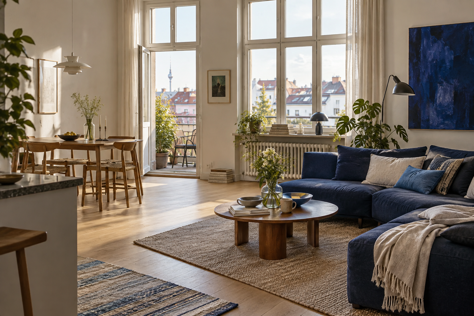 Bright shared apartment living room in Berlin